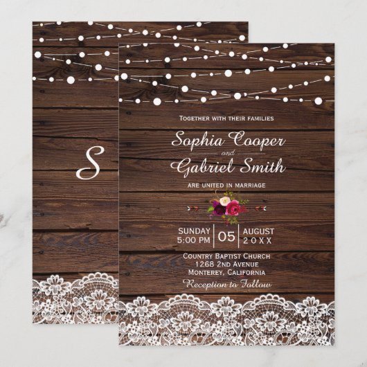 Faire-part de mariage en bois de dentelle (Devant / Derrière)