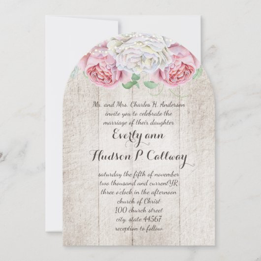 Faire-part de mariage en bois de ferme rose et ver (Devant)