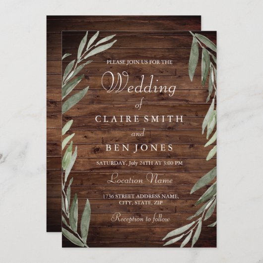 Faire-part de mariage en bois rustique à feuilles  (Devant / Derrière)