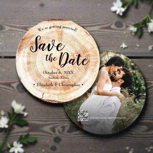 Faire-part de mariage en bois rustique avec code Q