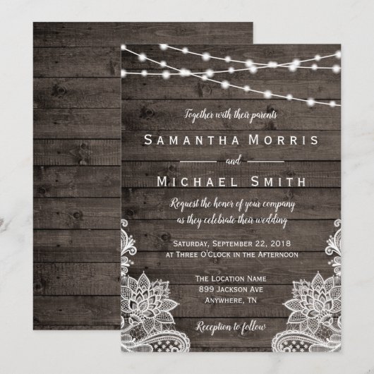 Faire-part de mariage en bois rustique avec lumièr (Devant / Derrière)