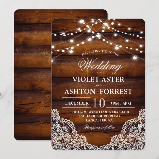 Faire-part de mariage en bois rustique dentelle (Devant / Derrière)