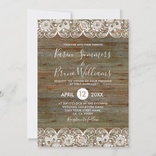 Faire-part de mariage en bois rustique et dentelle (Devant)