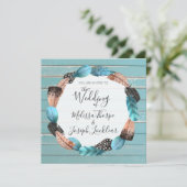 Faire-part de mariage en bois rustique et turquois (Debout devant)