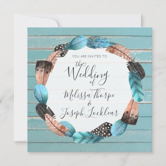 Faire-part de mariage en bois rustique et turquois (Devant)
