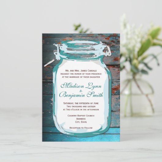 Faire-part de mariage en bois rustique Turquoise M (Debout devant)
