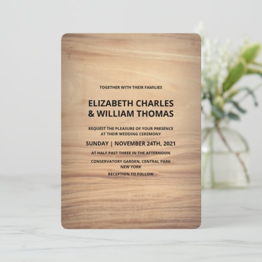 Faire-part de mariage en bois texturé rustique (Debout devant)