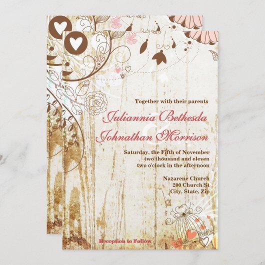 Faire-part de mariage en cage à oiseaux en bois ru (Devant / Derrière)