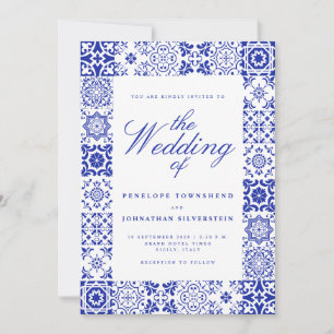 Faire-Part de Mariage en Carreaux Italiens Bleus e