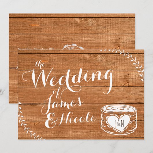 Faire-part de mariage en chêne rustique et souche (Devant / Derrière)