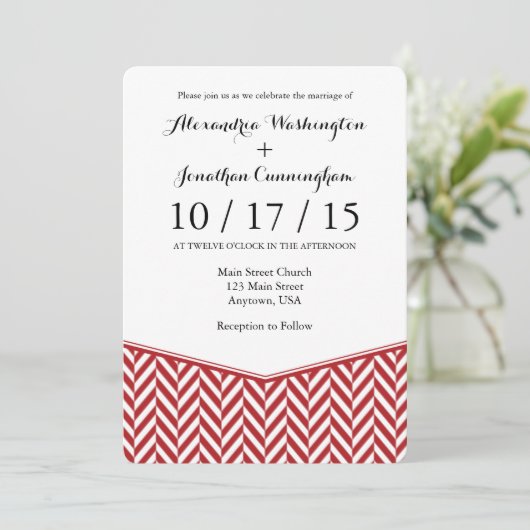 Faire-part de mariage en chevron rouge blanc (Debout devant)