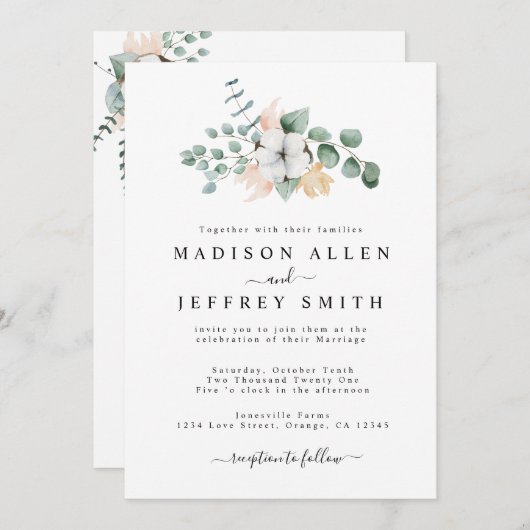 Faire-part de mariage en coton Eucalyptus (Devant / Derrière)