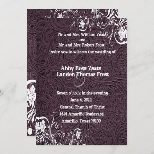 Faire-part de mariage en cuir d'aubergine et dente (Devant / Derrière)