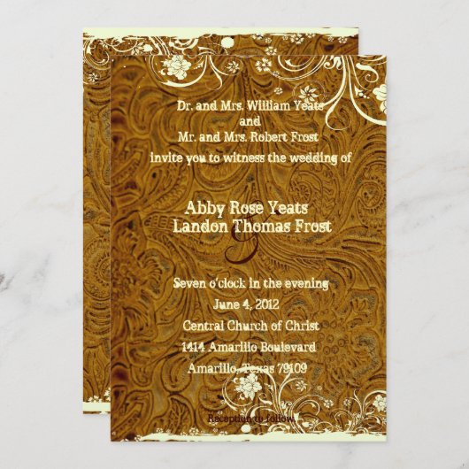 Faire-part de mariage en cuir et dentelle (Devant / Derrière)