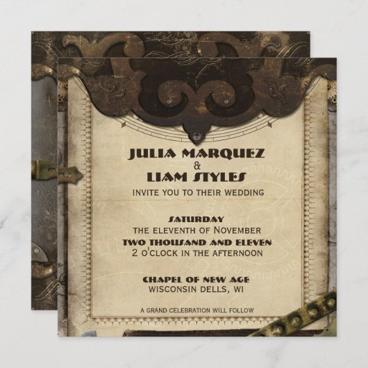Faire-part de mariage en cuir victorien Steampunk (Devant / Derrière)