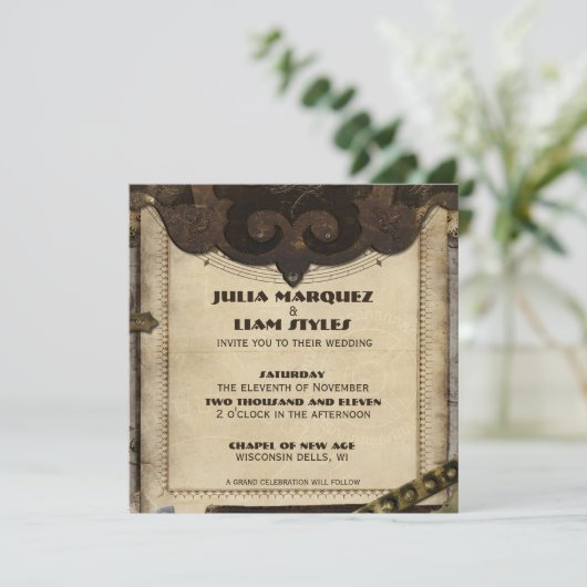 Faire-part de mariage en cuir victorien Steampunk (Debout devant)