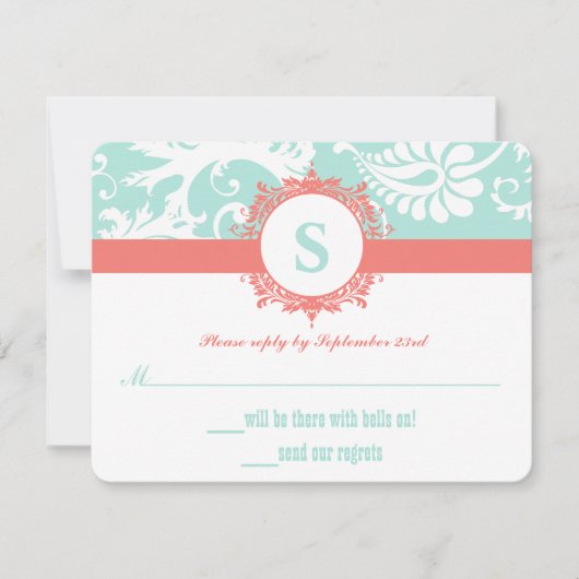 Faire-part de mariage en damas à monogramme avec m (Devant)