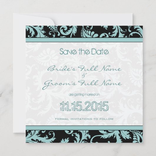 Faire-part de mariage en damas bleu aqua sur fond  (Dos)