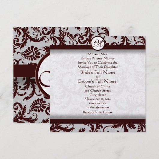 Faire-part de mariage en damas brun chocolat profo (Devant / Derrière)