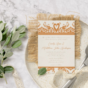 Faire-part de mariage en damas corail et ivoire po
