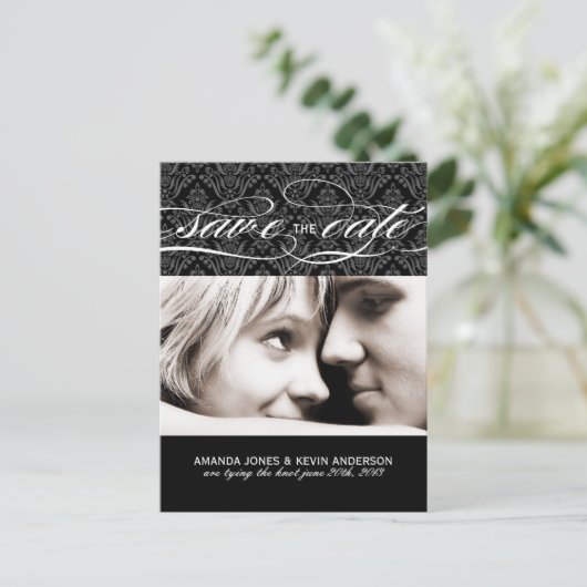 Faire-part de mariage en damassé noir et blanc (Debout devant)