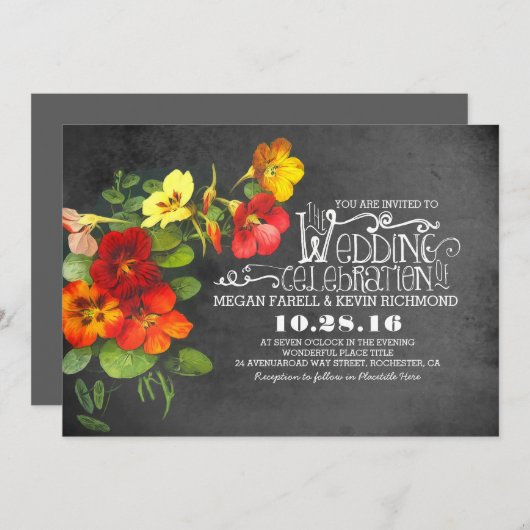 faire-part de mariage en damier de fleurs peintes (Devant / Derrière)