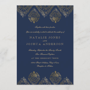 Faire-part de mariage en dentelle antique Navy or