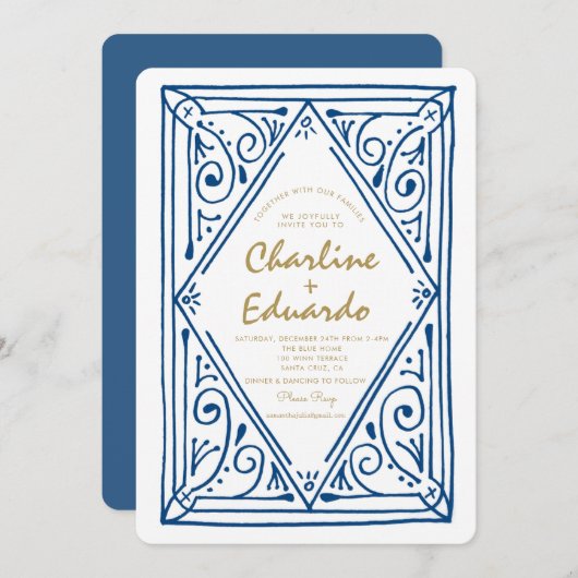 Faire-part de mariage en dentelle bleue ondulée (Devant / Derrière)