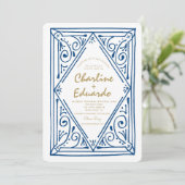 Faire-part de mariage en dentelle bleue ondulée (Debout devant)