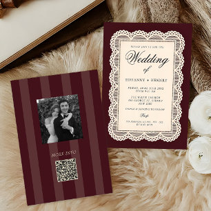 Faire-part de mariage en dentelle vintage bordeaux
