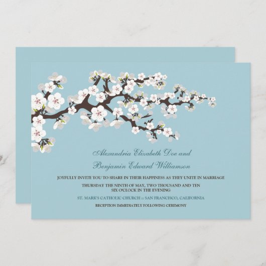 Faire-part de mariage en fleurs de cerisiers (bleu (Devant / Derrière)