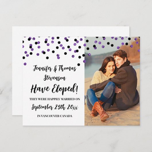 Faire-part de Mariage en Fuite avec Confettis Noir (Devant / Derrière)