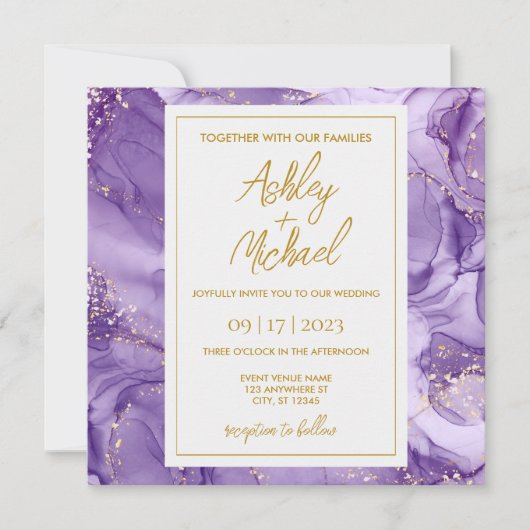 Faire-part de mariage en marbre Abstrait violet or (Devant)