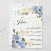 Faire-part de mariage en marbre bleu Floral or (Devant)