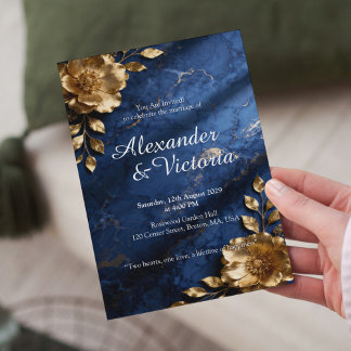 Faire-part de mariage en marbre bleu marine et or