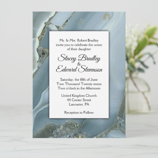 Faire-part de mariage en marbre bleu raffiné (Debout devant)