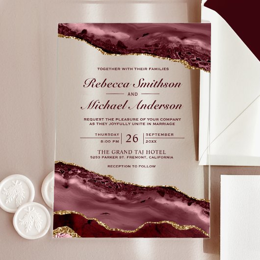 Faire-part de mariage en marbre d'agate bordeaux e