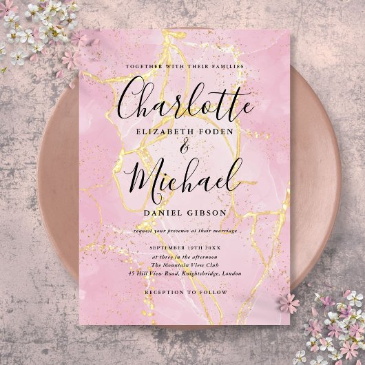 Faire-part de mariage en marbre d'agate rose or