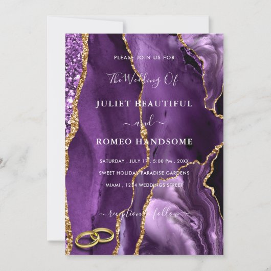 Faire-part de mariage en marbre d'or pourpre avec  (Devant)
