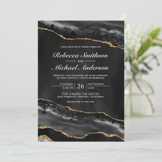 Faire-part de mariage en marbre noir et or (Debout devant)