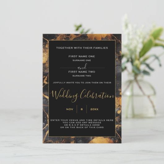 Faire-part de mariage en marbre noir et or (Debout devant)