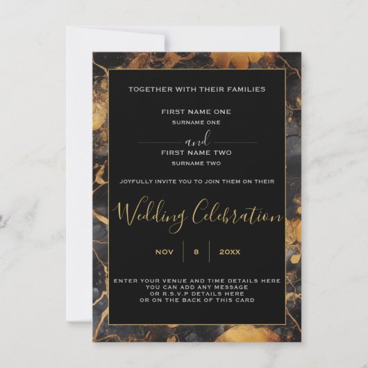 Faire-part de mariage en marbre noir et or (Devant)