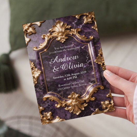 Faire-part de mariage en marbre or violet