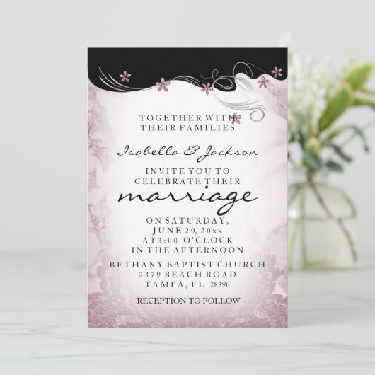 Faire-part de mariage en marbre rose mauve Modèle (Debout devant)