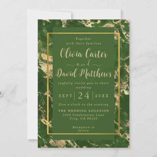 Faire-part de mariage En Marbre Vert Et Or (Devant)