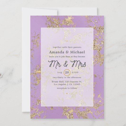 Faire-part de mariage en marbre violet et or (Devant)