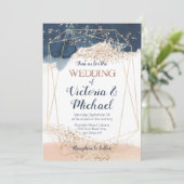 Faire-part de mariage en or bleu rose bleu marine (Debout devant)