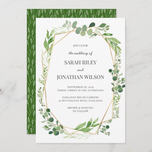 Faire-part de mariage en or feuille vert (Devant / Derrière)