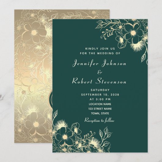 Faire-part de mariage en or vert émeraude (Devant / Derrière)