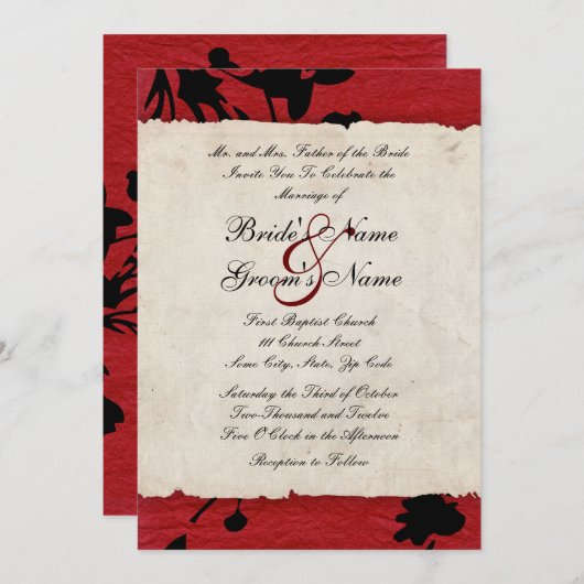 Faire-part de mariage en papier rouge et noir déch (Devant / Derrière)